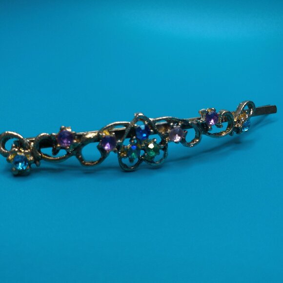 Heart Hair Clip, Silver/Gold color, Pink and blue rhinestone, shiny crystals - Picture 2 of 15